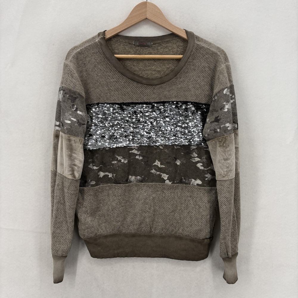 Scandal Sweater Womens 1 Beige Camouflage Sequin Crew Neck Pullover Italy Boho